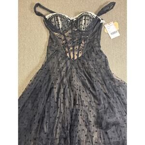 Lace Made Dream Harbor Midnight Dress NWT XL Black Polka Dot Tulle Corset Midi